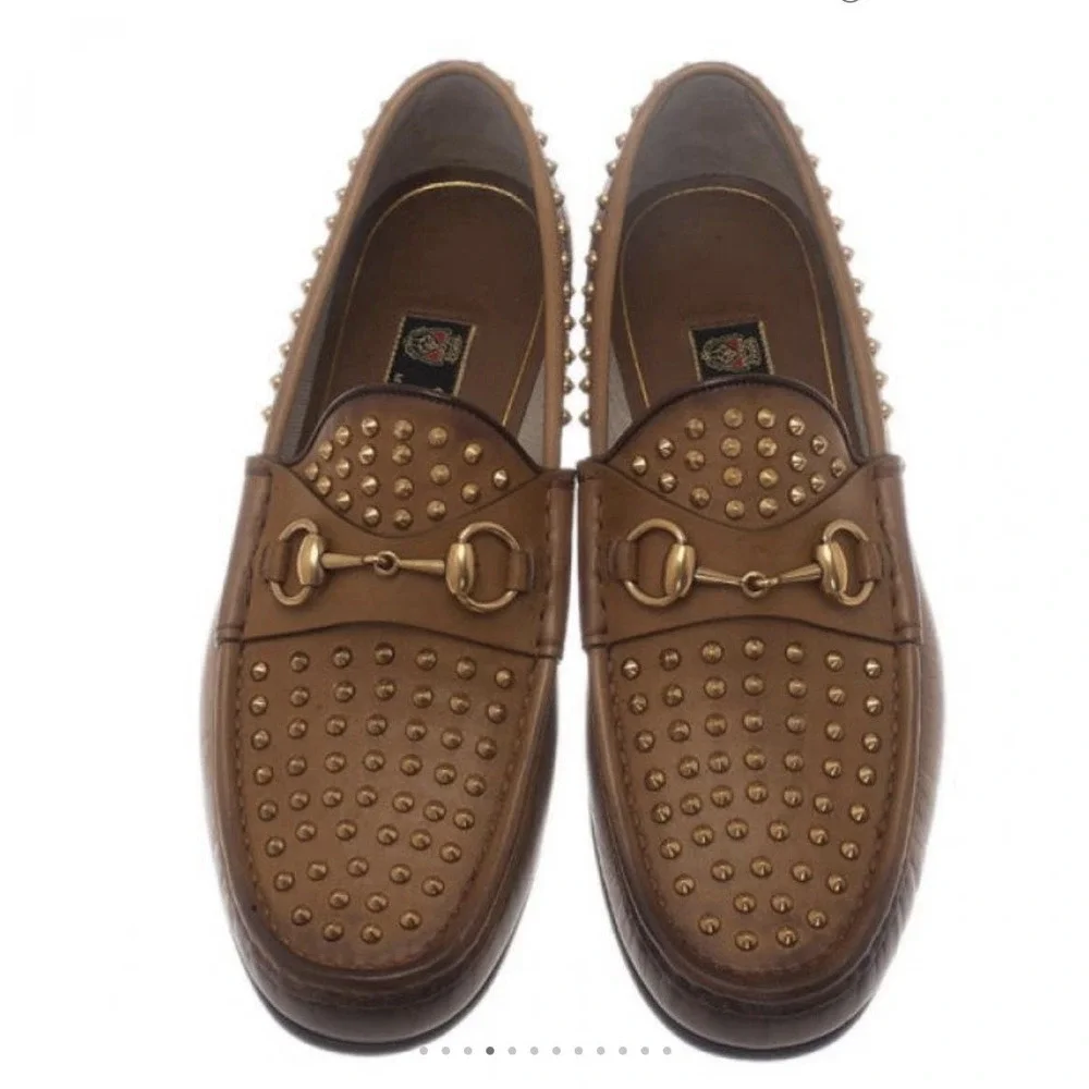 Gucci Mens Shoes Brown Leather Horsebit Loafers Studded Designer Us 12 Preppy